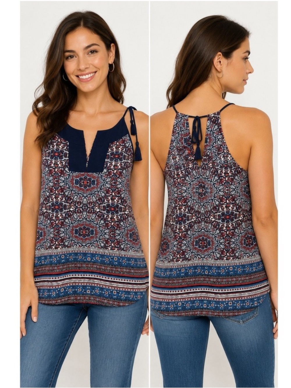 Athleta Black Halter Tank with Pastel Coral and Blue Boho Bohemian Print Small